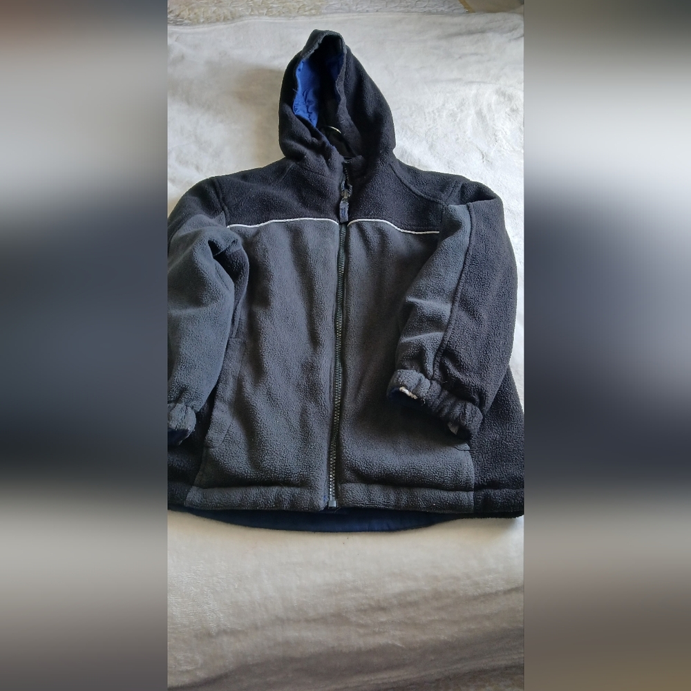 Kids Blue and Black Hooded Puffer Jacket with Reflective Stripe - Picture 4 of 14